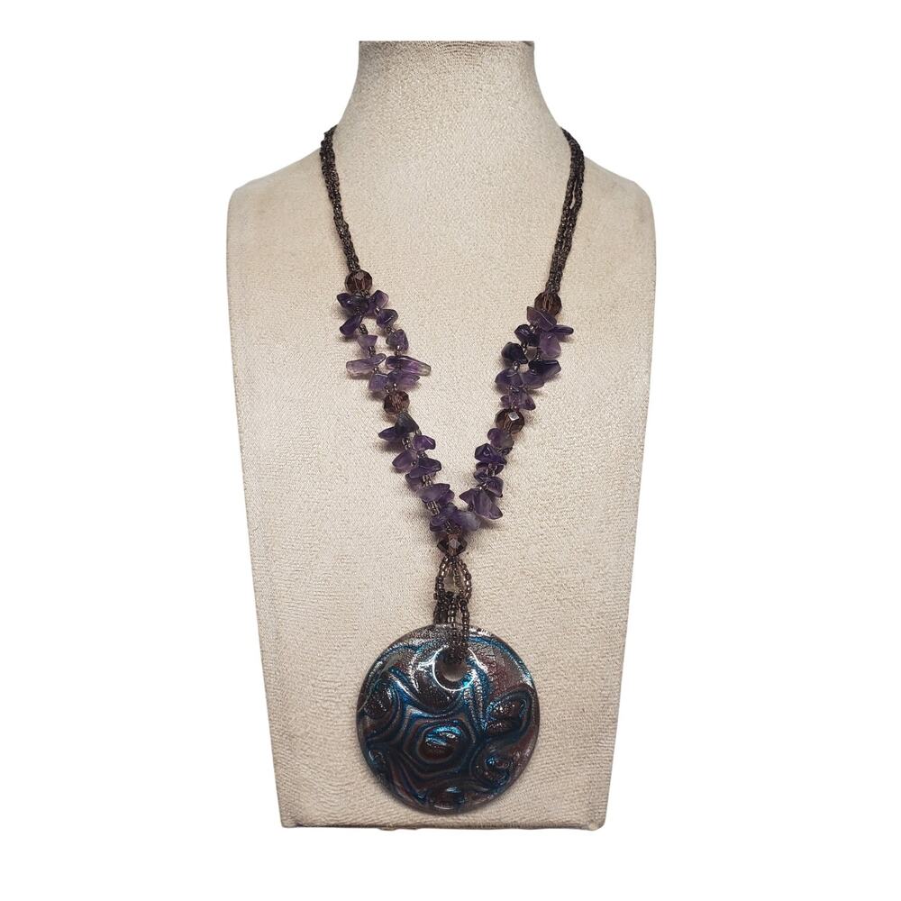 Vintage Whimsigoth Amethyst Glass Pendant Necklace Boho Witchy Fairycore Chip